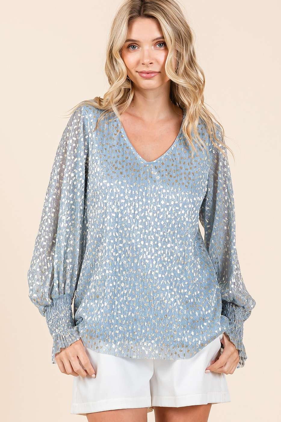 BLUE METALLIC GLITTER DOT PRINT PLEATED LONG SLEEVE TOP