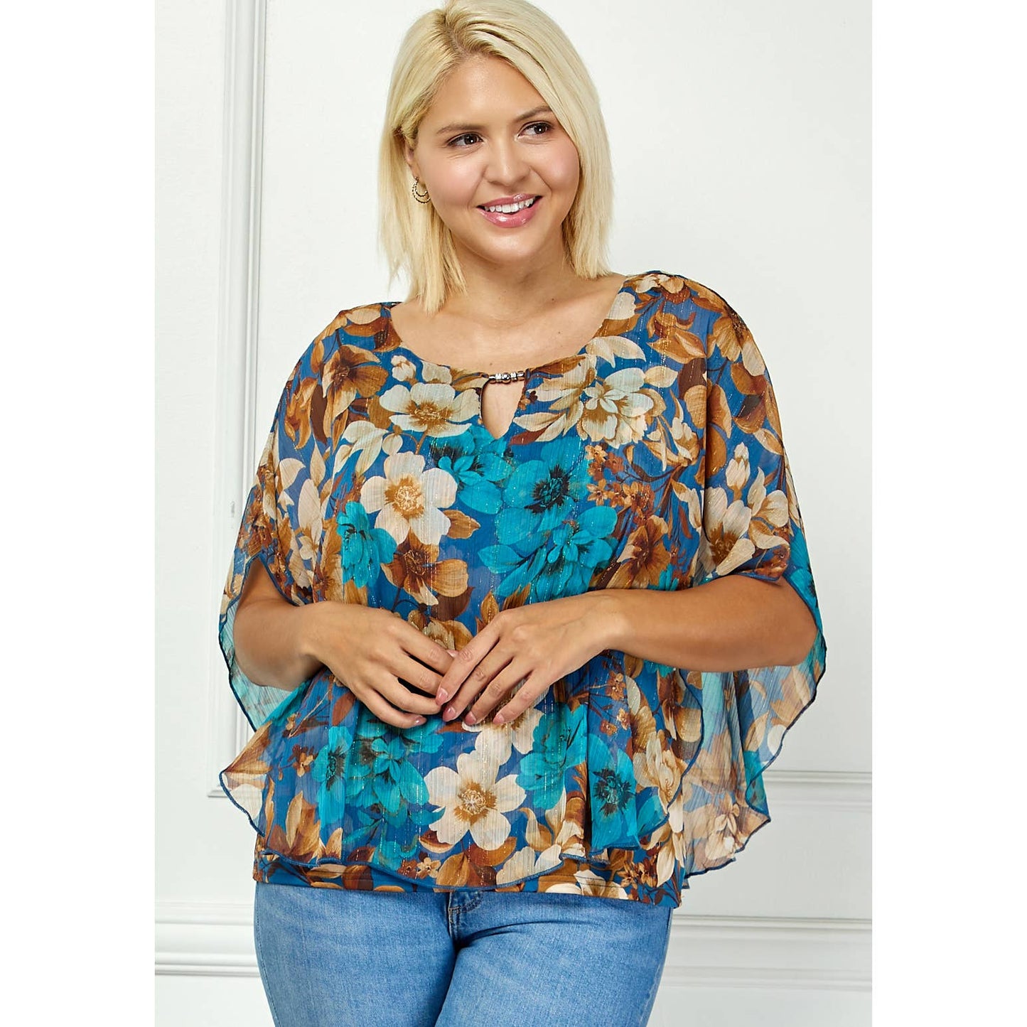 PLUS TEAL PRINTED  PONCHO BLOUSE