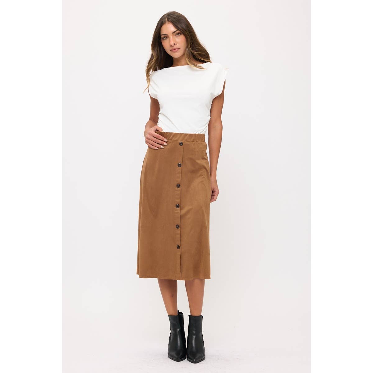 COGNAC ELASTIC WAIST ALINE BUTTON DOWN FAUX SUEDE SKIRT