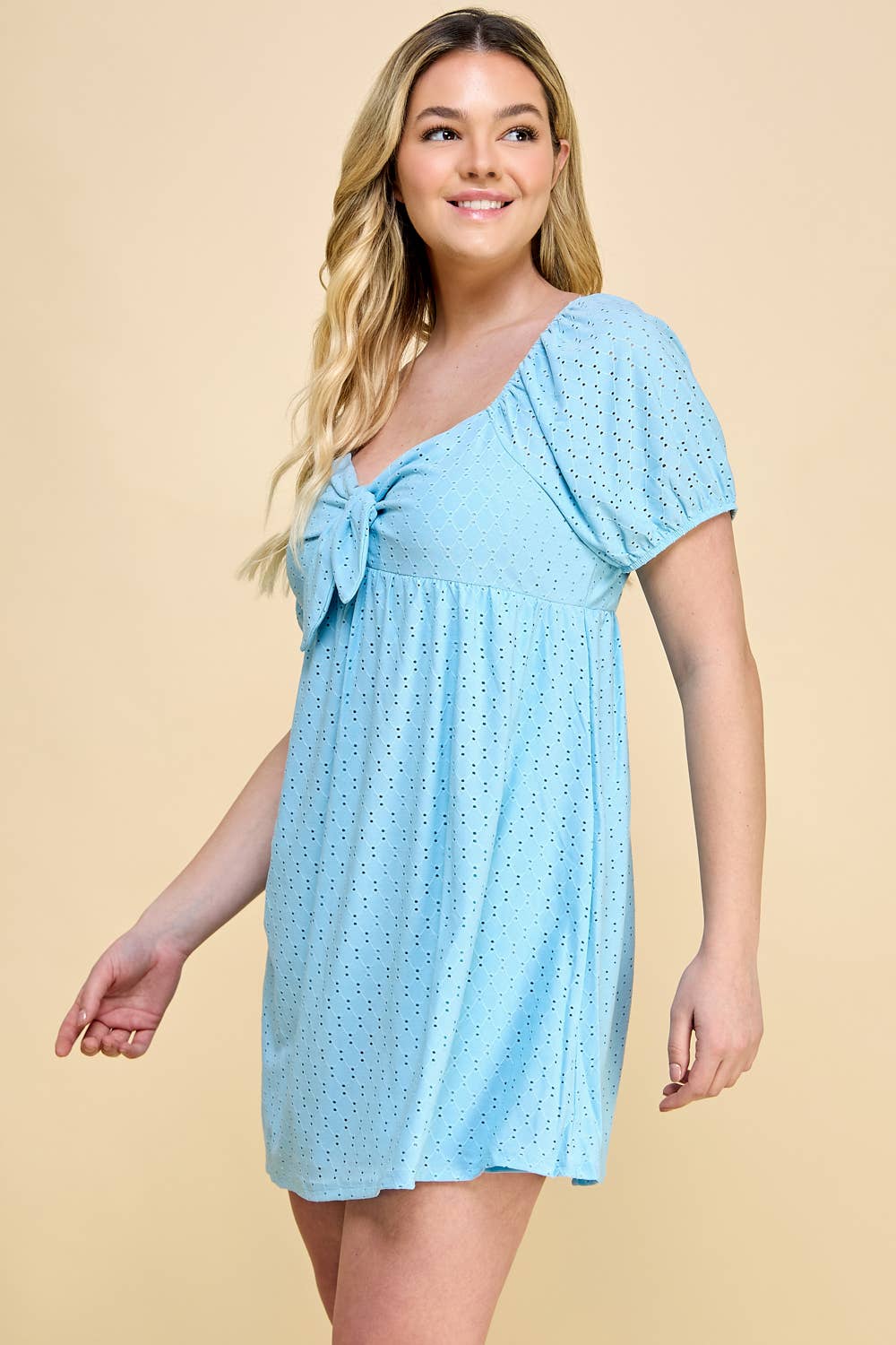 PLUS SKY BLUE CRINKLE KNIT EYELET DRESS