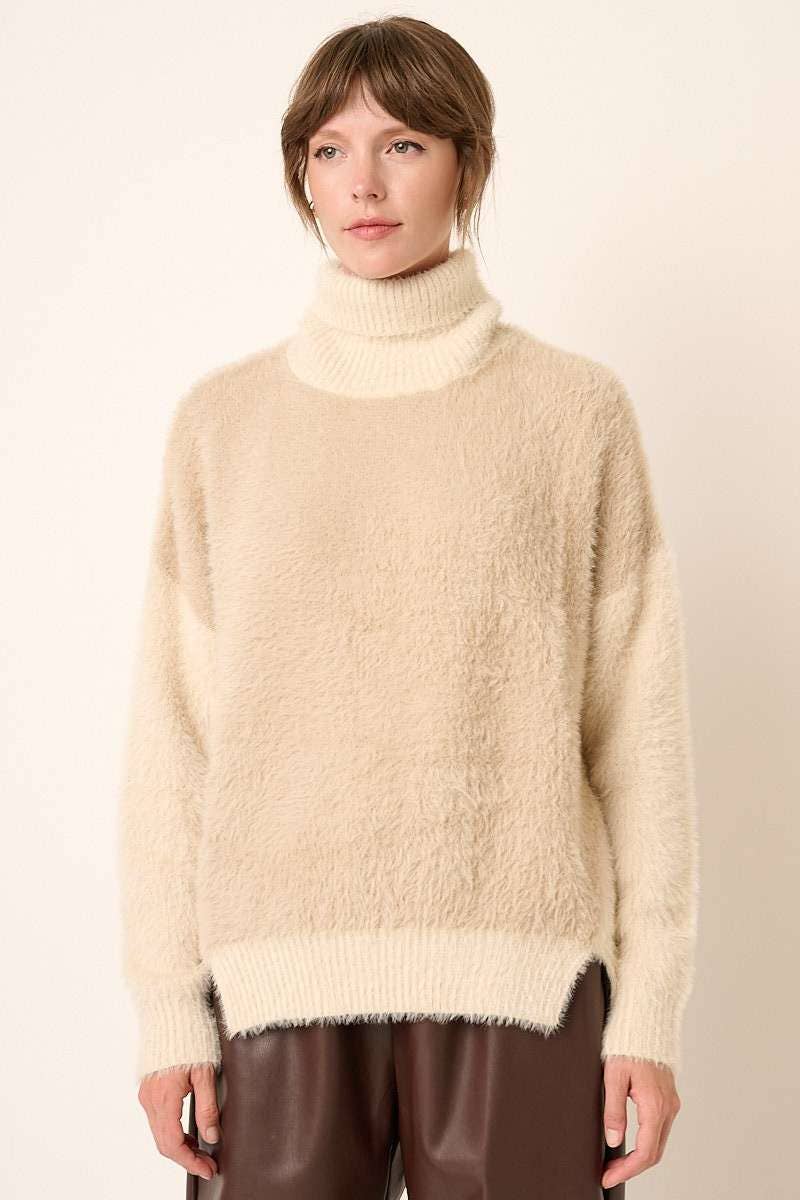 mittoshop - FUZZY TURTLENECK COLOR BLOCK SWEATER: M / TAUPE