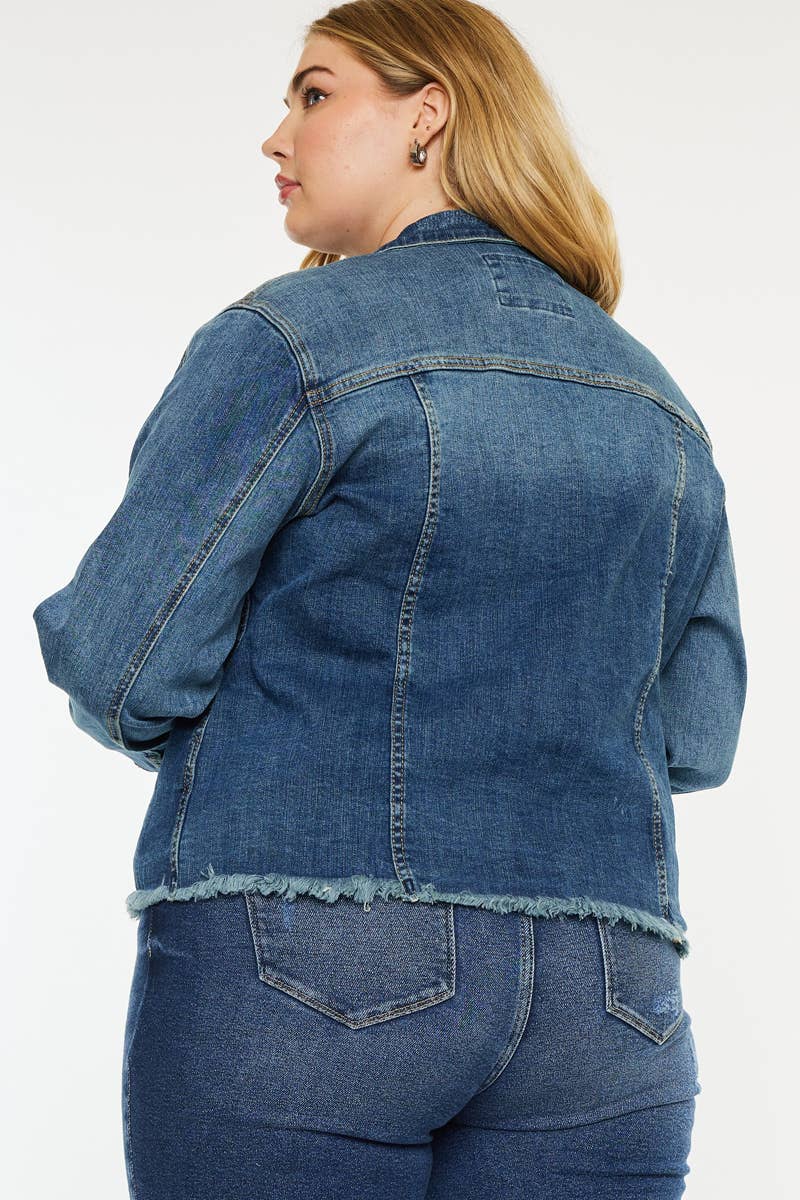 PLUS DARK RINSE DISTRESSED DENIM FRAY HEM JACKET