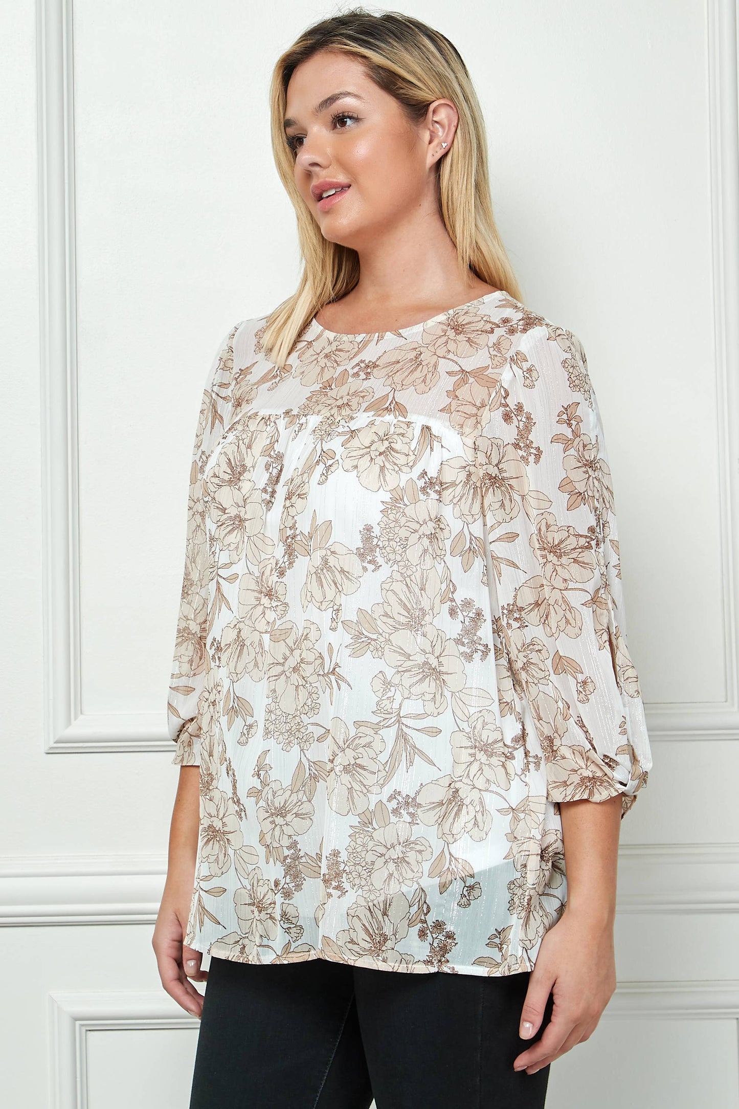 PLUS SIZE FRONT AND BACK YOKE BLOUSE: Ivory/Khaki/Tan