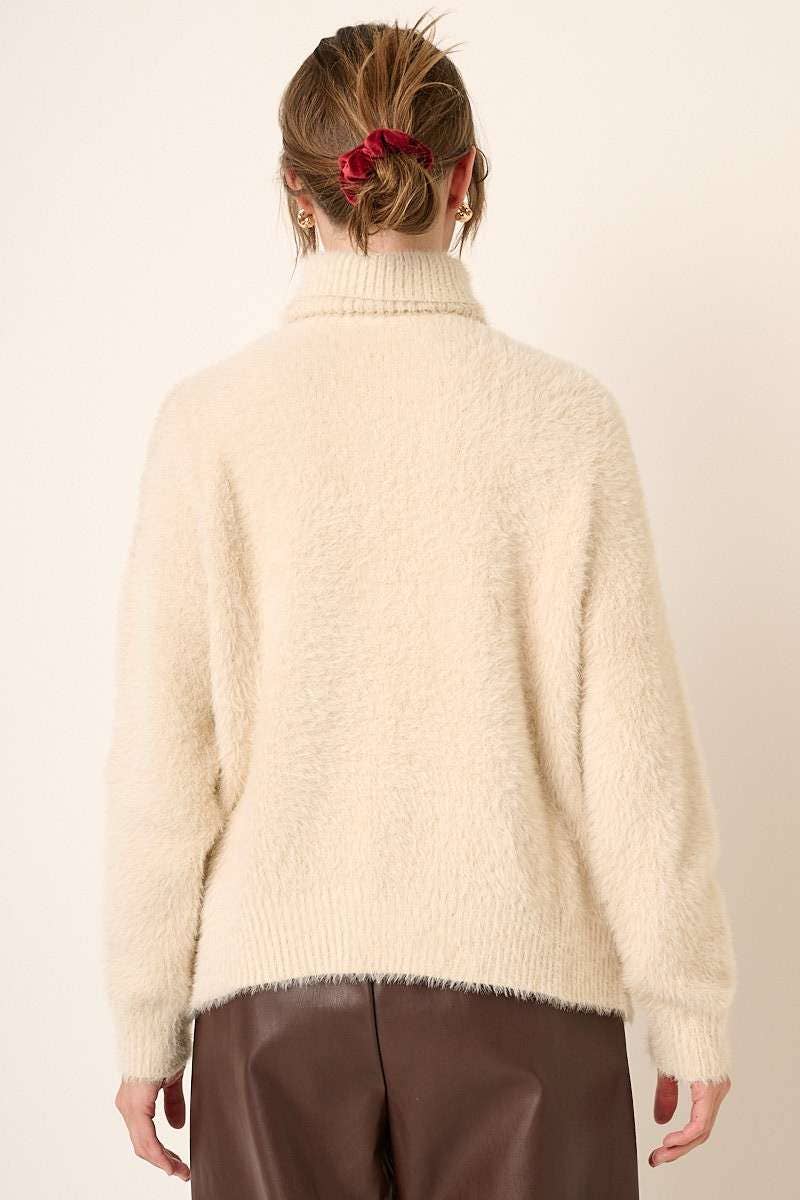 mittoshop - FUZZY TURTLENECK COLOR BLOCK SWEATER: M / TAUPE