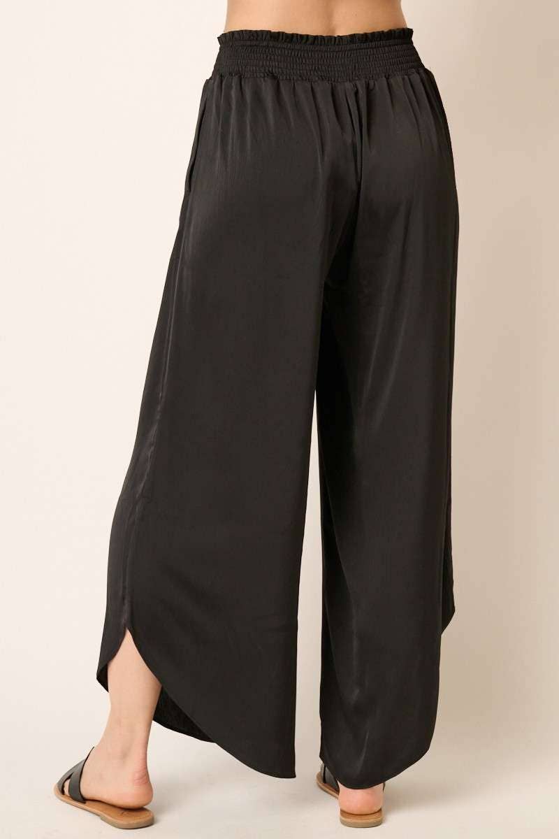 BLACK SATIN SMOCKED WAIST WIDE LEG