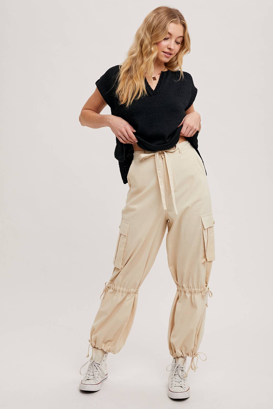 ECRU HIGH-RISE DRAWSTRING CARGO WIDE LEG PANTS
