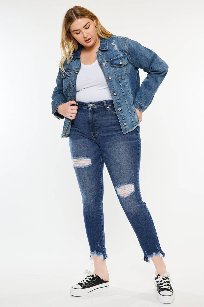 PLUS DARK RINSE DISTRESSED DENIM FRAY HEM JACKET