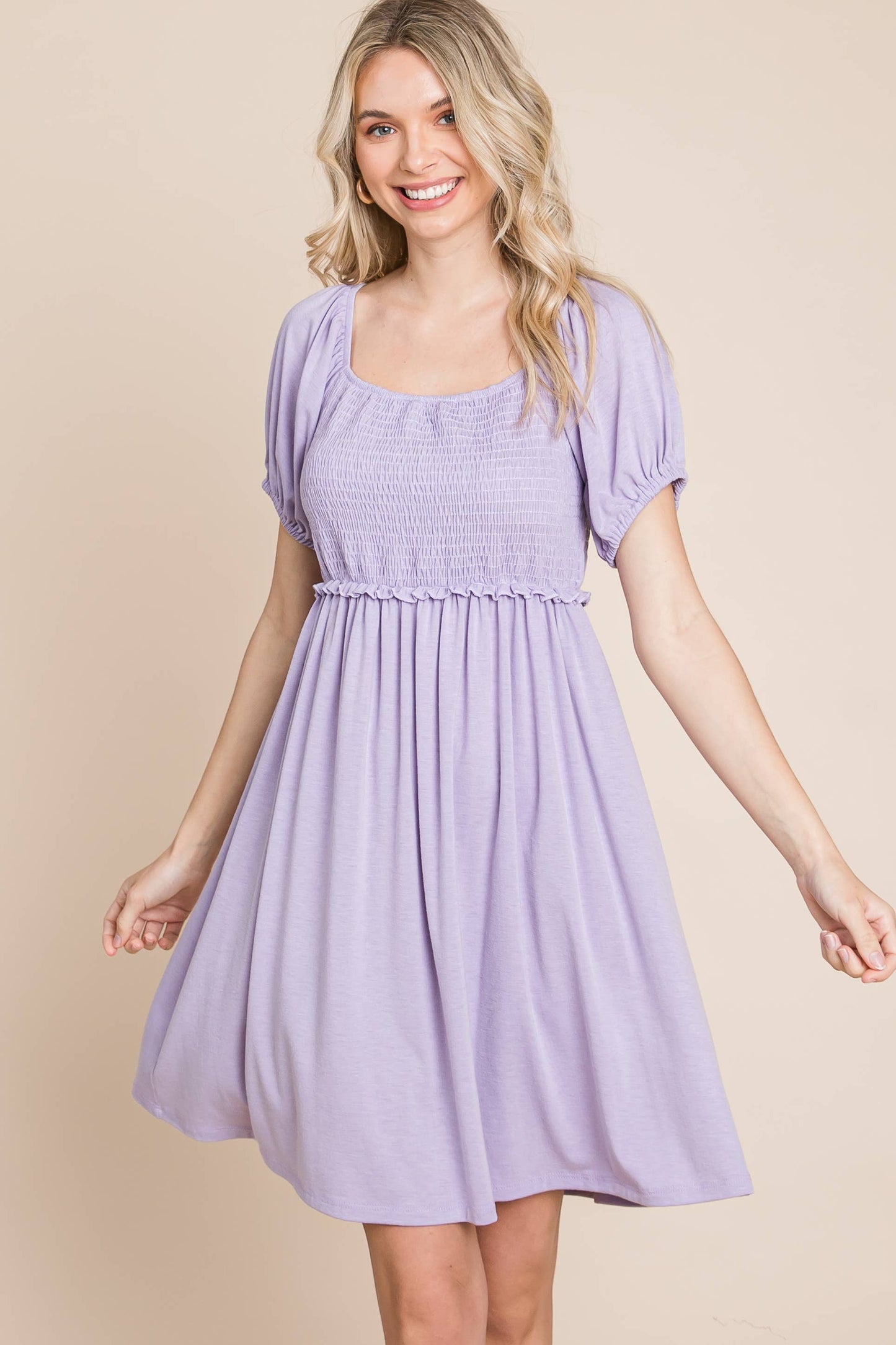 Solid Smocked Babydoll Dress Lavender