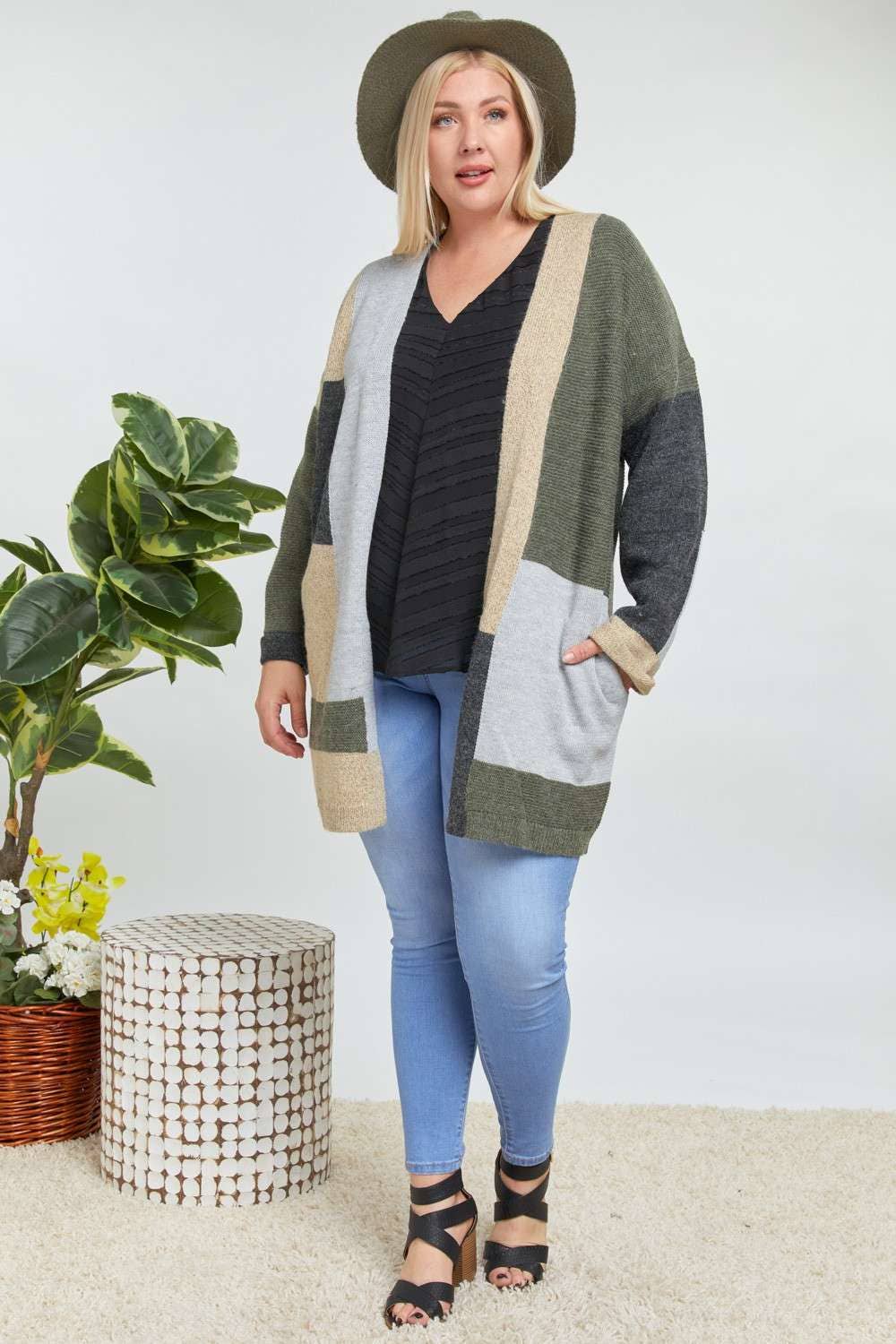 PLUS OLIVE COLORBLOCK ACCENT LONGLINE SWEATER CARDIGAN