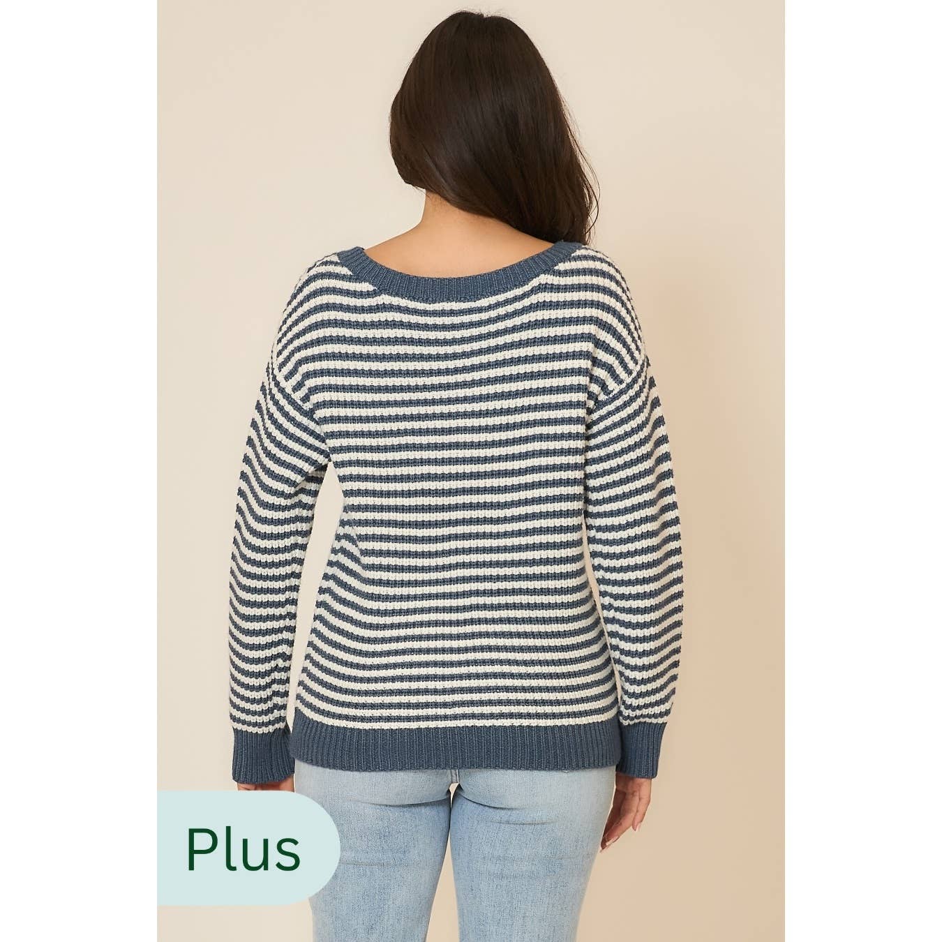PLUS 2X/3X DENIM/IVORY STRIPED KNIT SWEATER