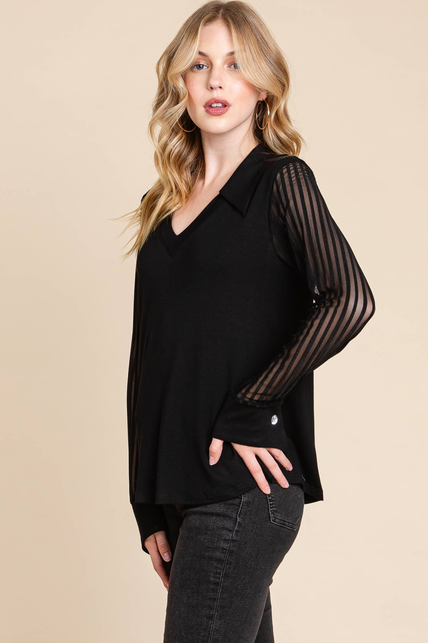 Black V-Neck Solid Fashion Top