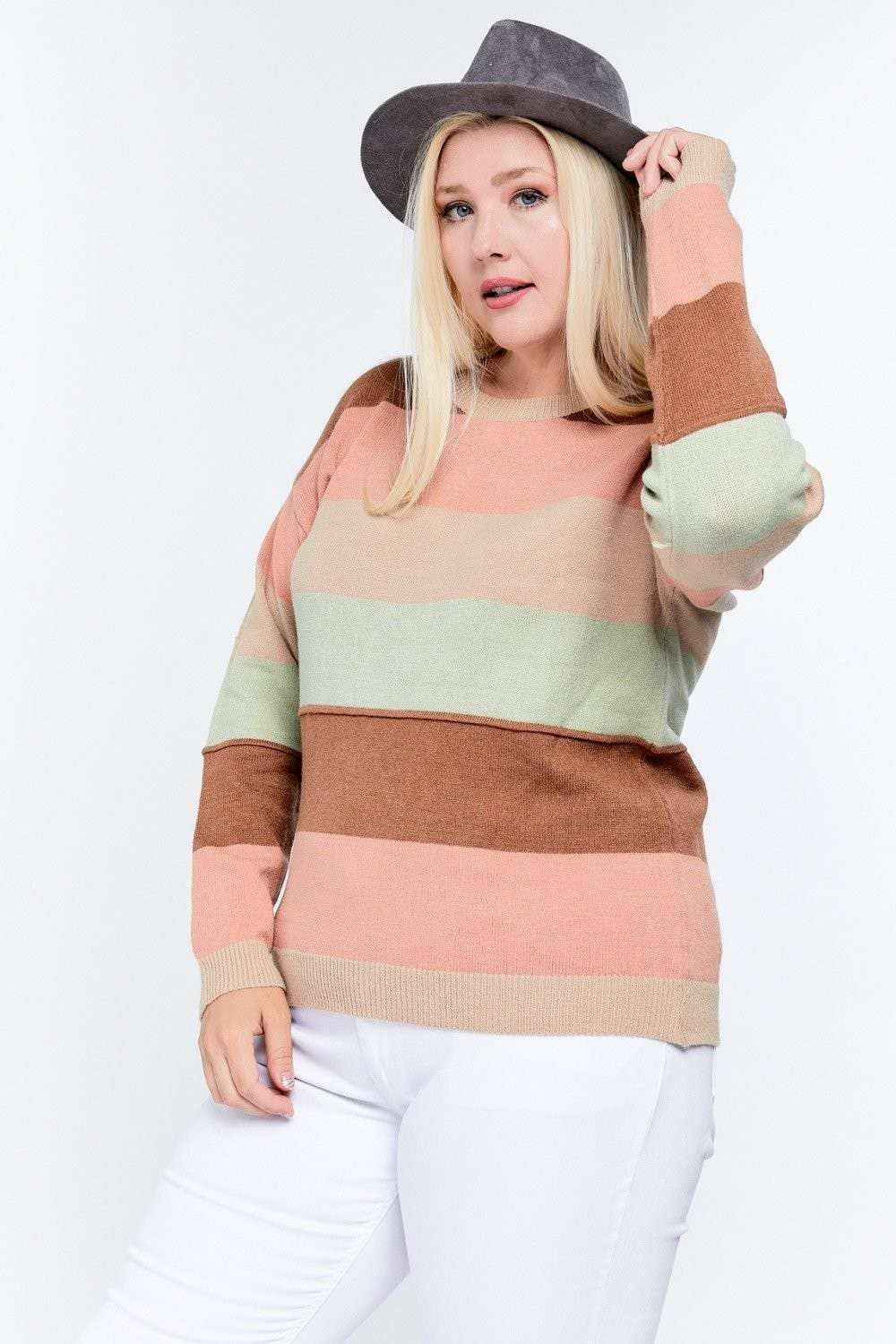 PLUS COLOR BLOCK LONG SLEEVE ROUND NECK SWEATER