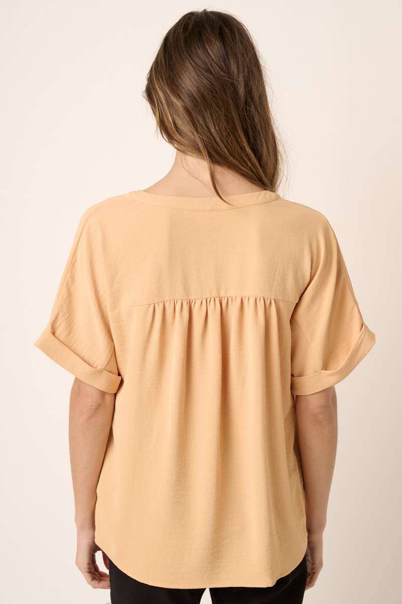 STRAW AIRFLOW PLACKET DETAIL DOLMAN SLEEVE WOVEN TOP