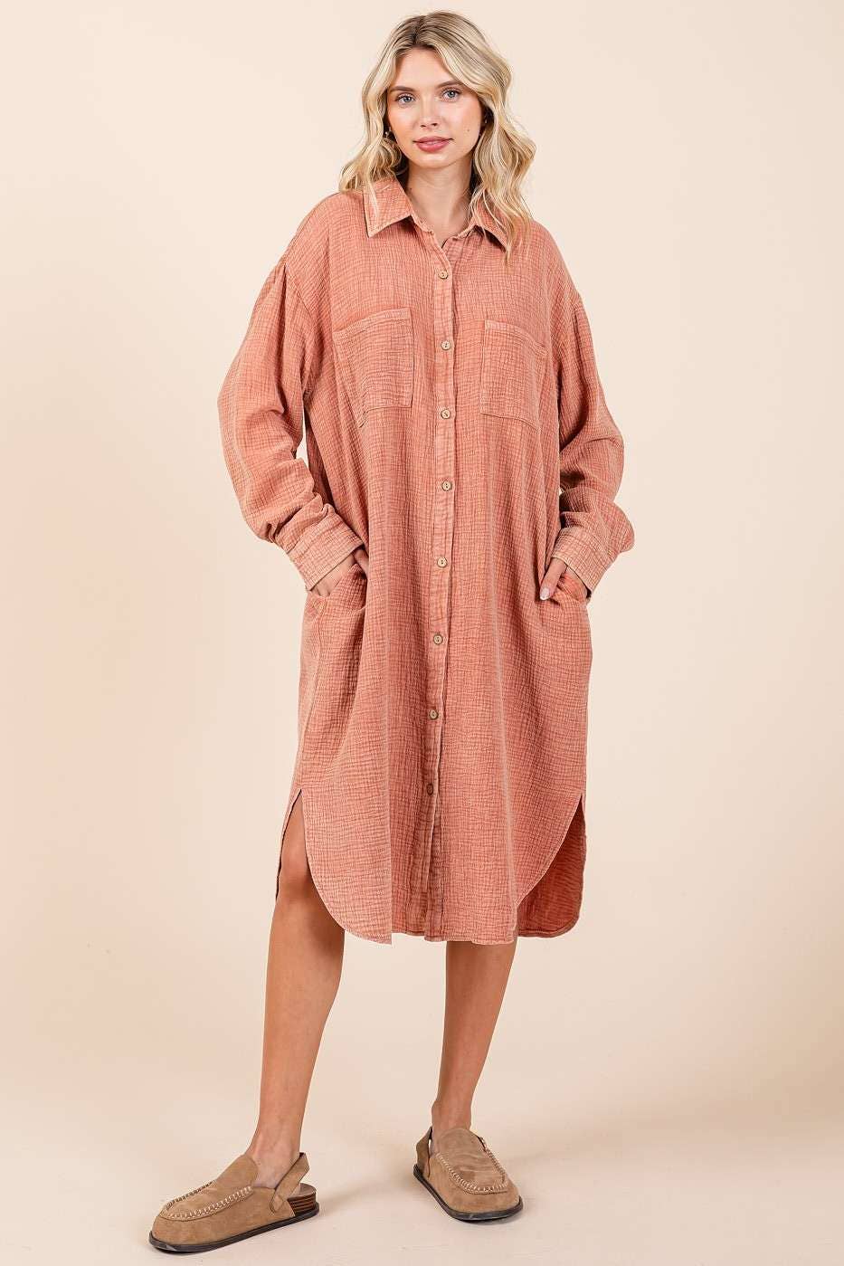 CHAI MINERAL WASH COTTON GAUZE MIDI SHIRT DRESS