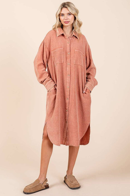 CHAI MINERAL WASH COTTON GAUZE MIDI SHIRT DRESS