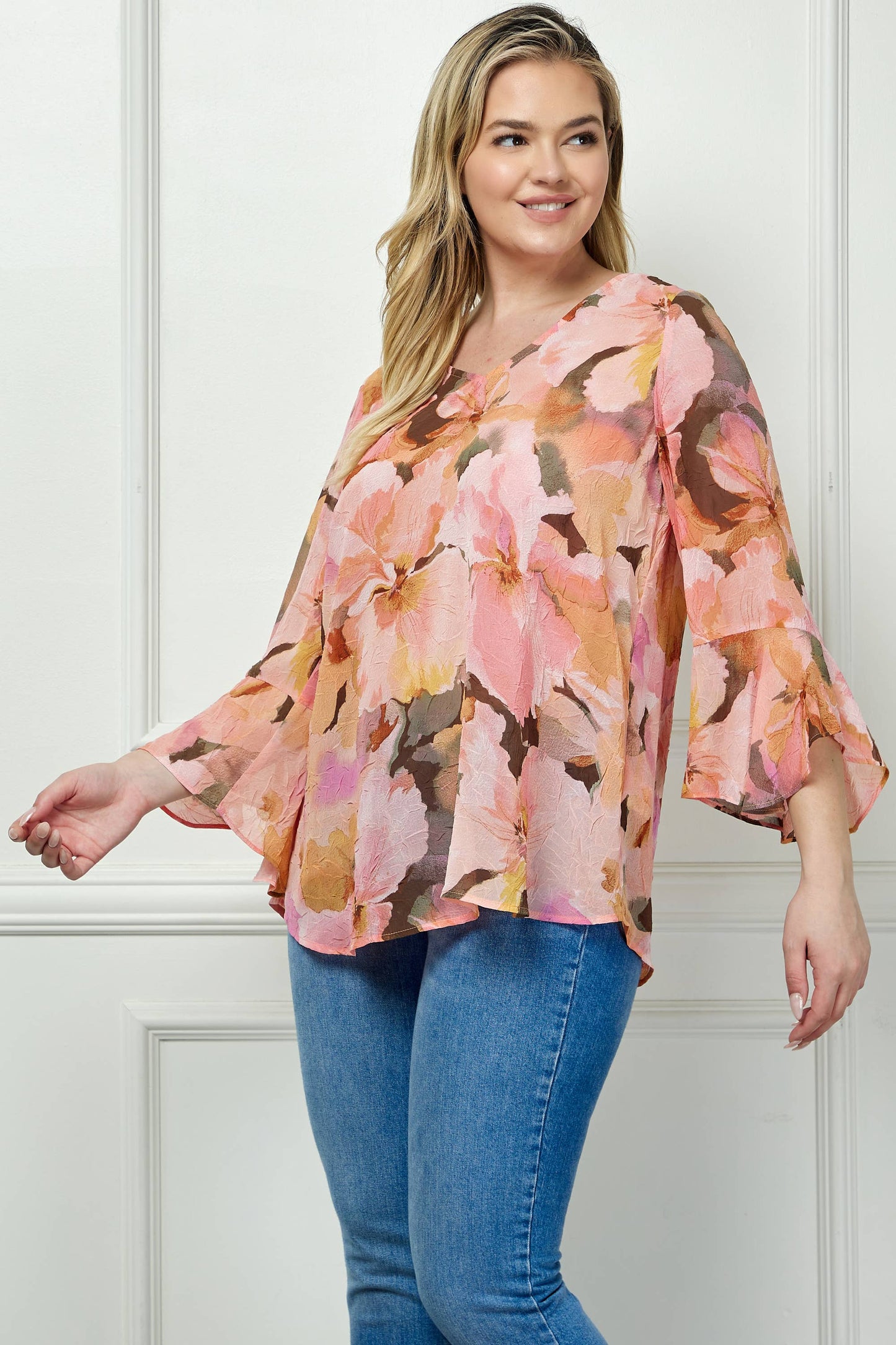 PLUS AND REGULAR SIZE RUFFLE SLEEVE V-NECK SWING TOP: YELLOW/PINK/BROWN