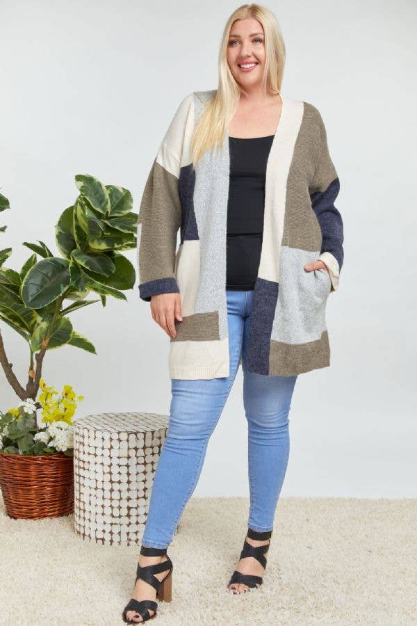 PLUS OLIVE COLORBLOCK ACCENT LONGLINE SWEATER CARDIGAN