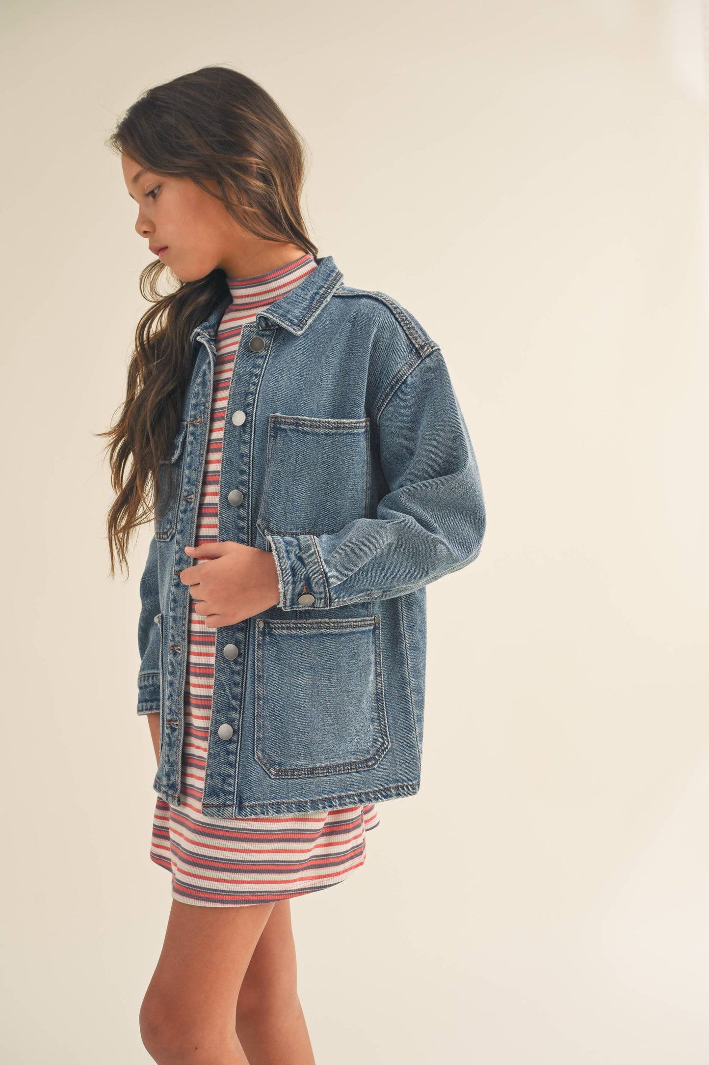 GIRLS DENIM JEANS CARGO BUTTON UP JACKET