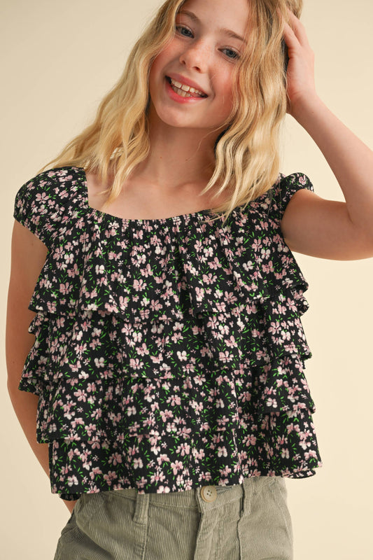TWEEN BLACK FLORAL RUFFLE   SHIRT