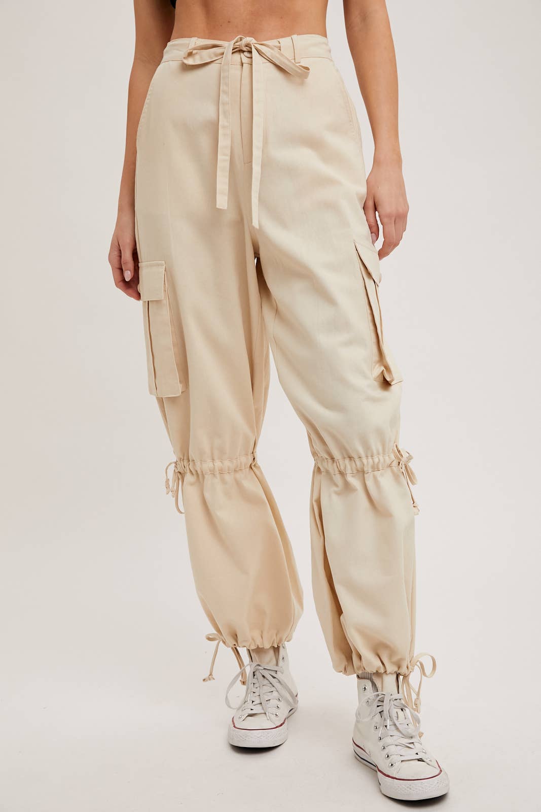 ECRU HIGH-RISE DRAWSTRING CARGO WIDE LEG PANTS