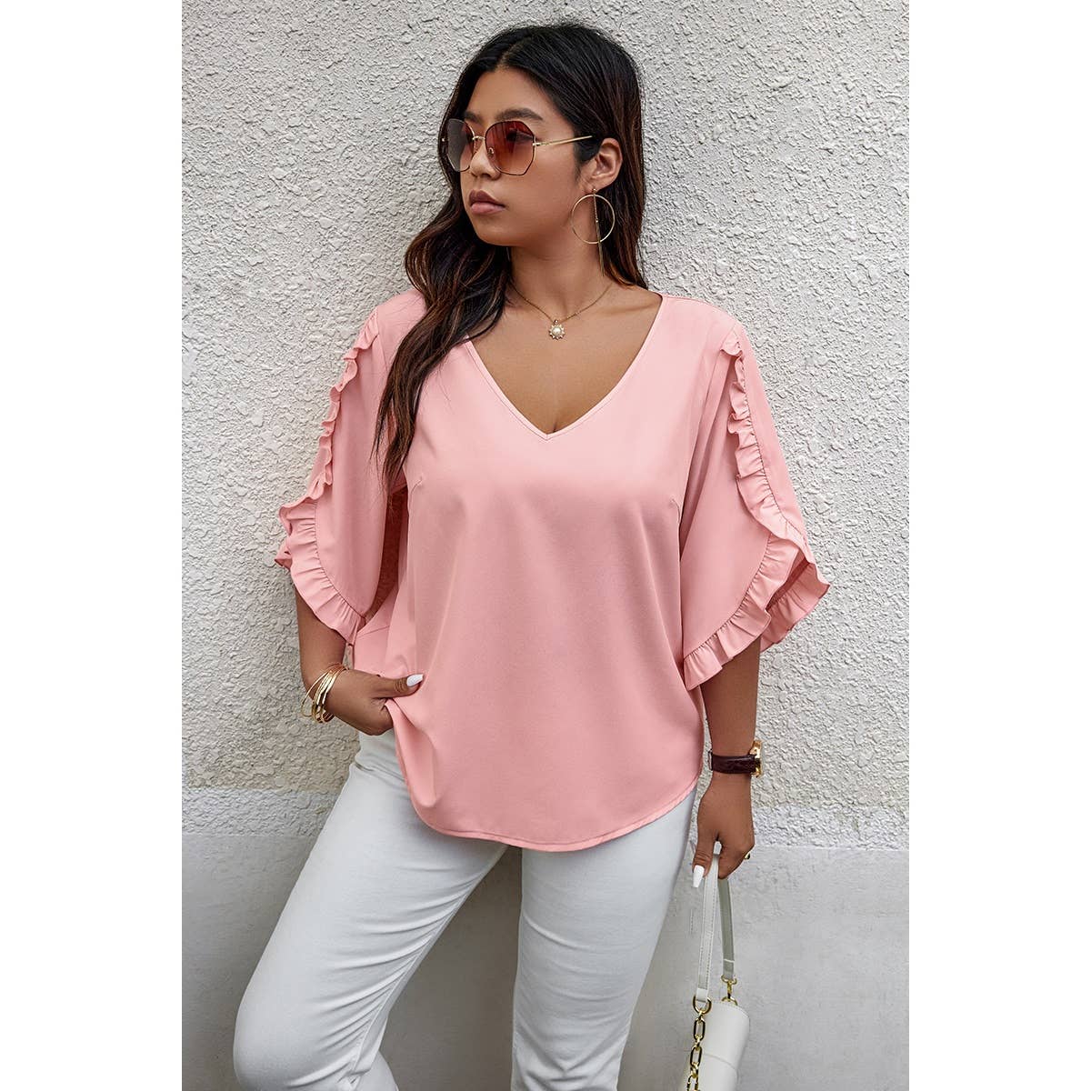 Solid Plus V Neck Ruffle Trim Petal Sleeve Blouse: PINK