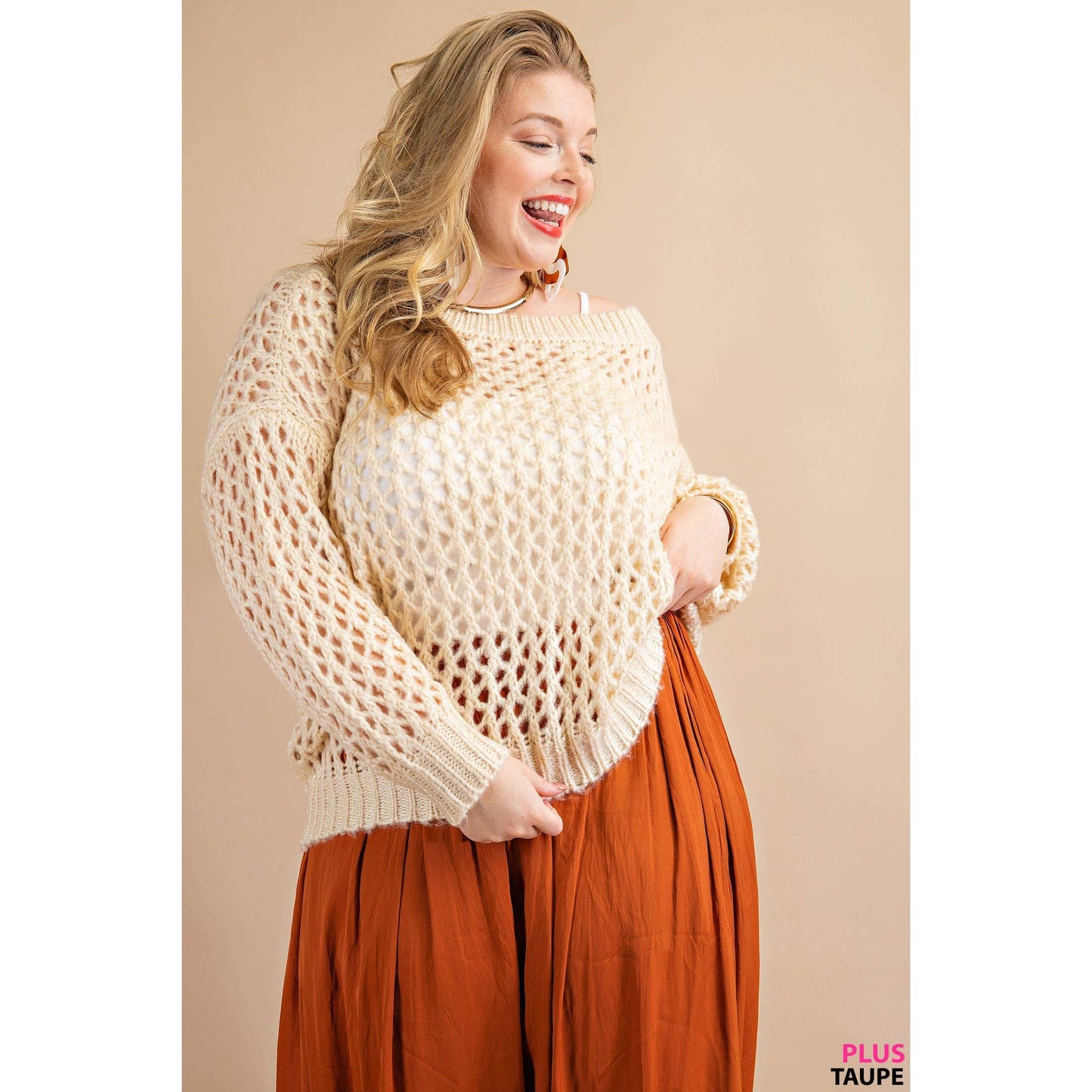 Plus Soft Open-Knit Pullover Sweater Taupe