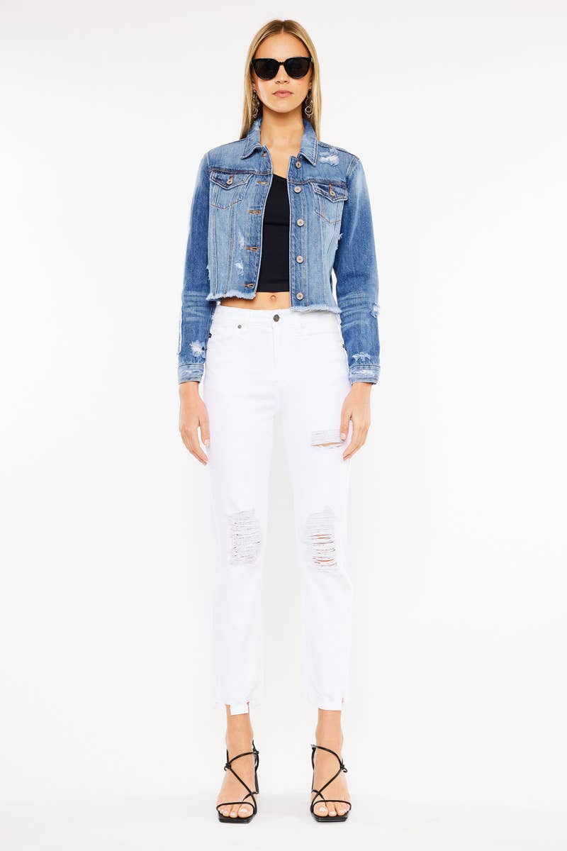 DESTRUCTED MEDIUM WASH CROP DENIM