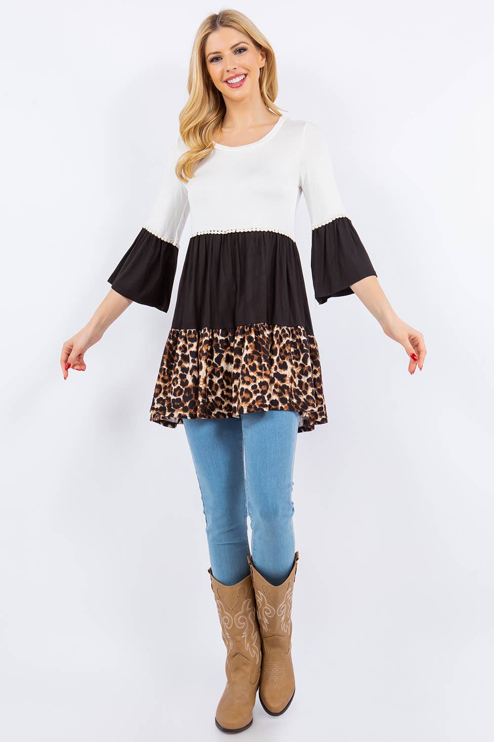 PLUS ANIMAL PRINT TIERED TOP WITH BELL SLEEVES