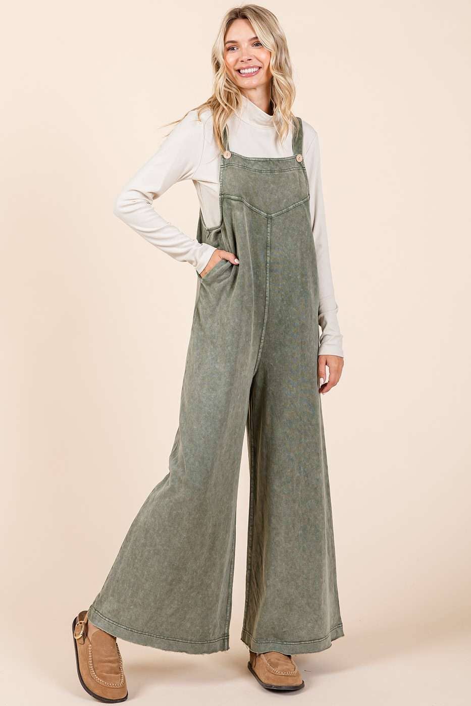 OLIVE MINERAL WASHED  JUMPSUIT