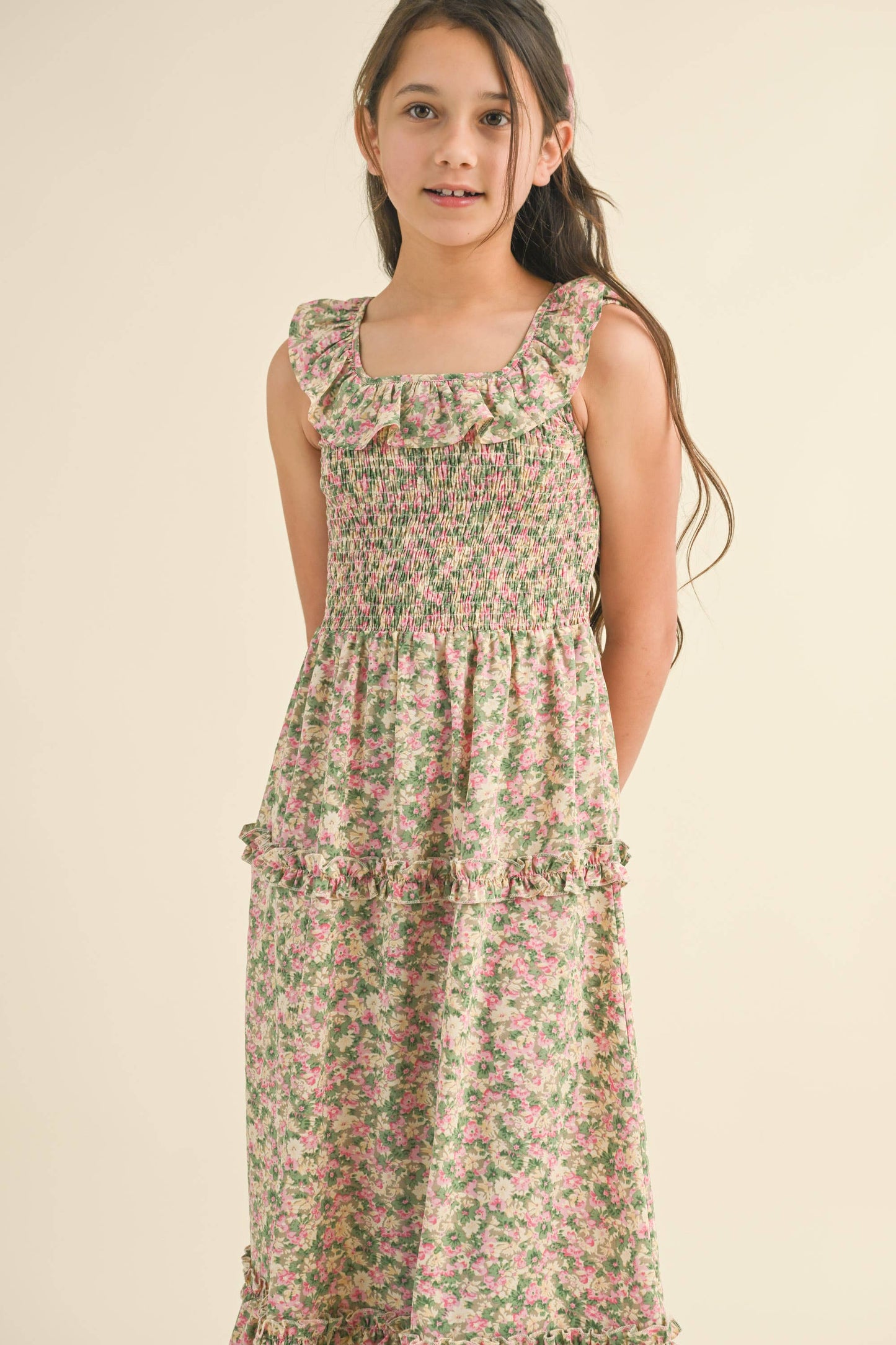 TWEEN FLORAL RUFFLE SMOCKED MAXI DRESS