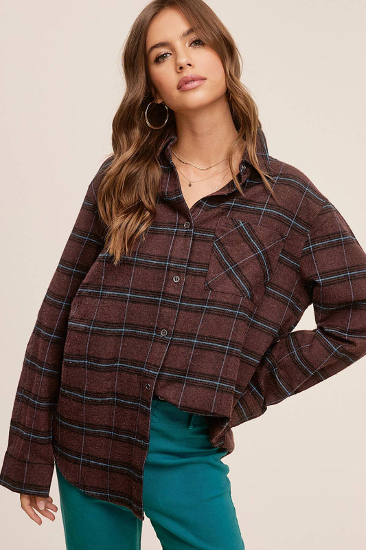 LOOSE FIT CHOCOLATE PLAID BUTTON UP