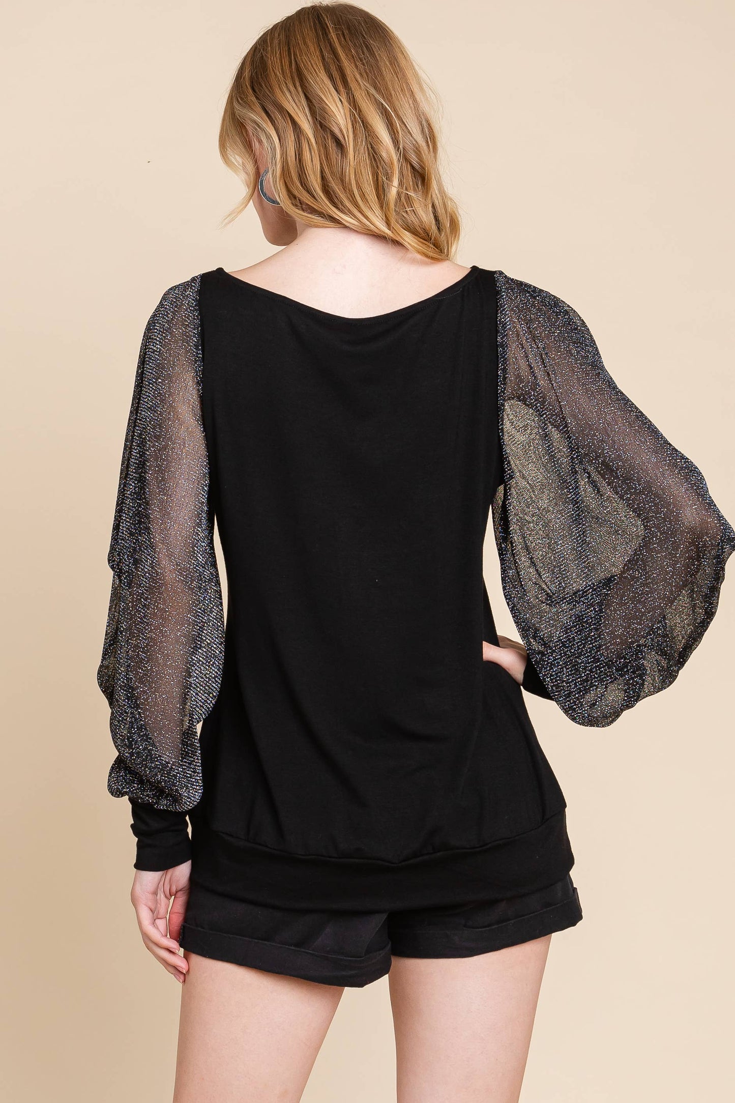 Fashion Top With Balloon Mesh Sleeves