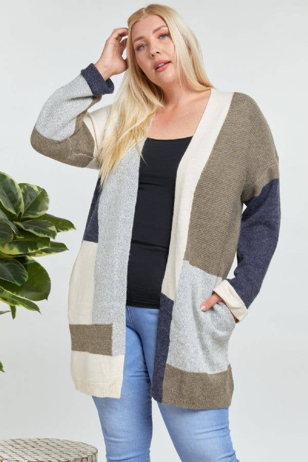 PLUS OLIVE COLORBLOCK ACCENT LONGLINE SWEATER CARDIGAN