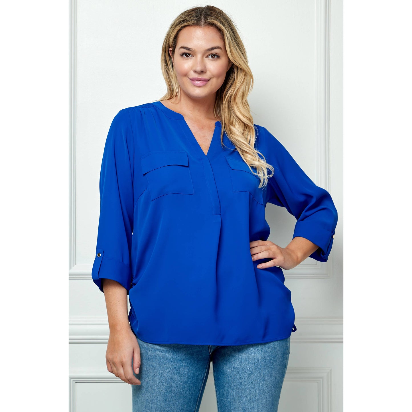 PLUS SIZE TAB SLEEVE MANDARIN COLLAR SHIRT: ROYAL