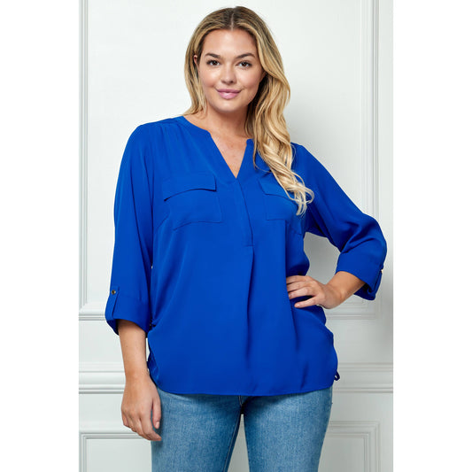 PLUS SIZE TAB SLEEVE MANDARIN COLLAR SHIRT: ROYAL