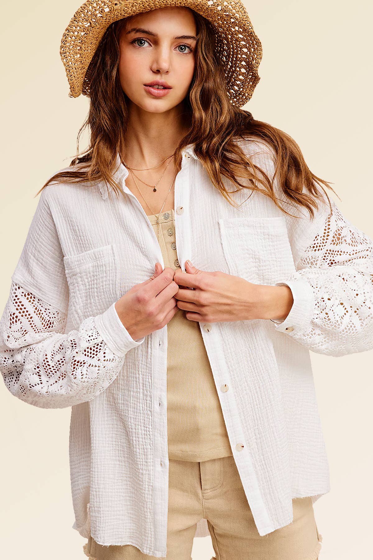 WHITE GAUZE LACE LONG SLEEVE