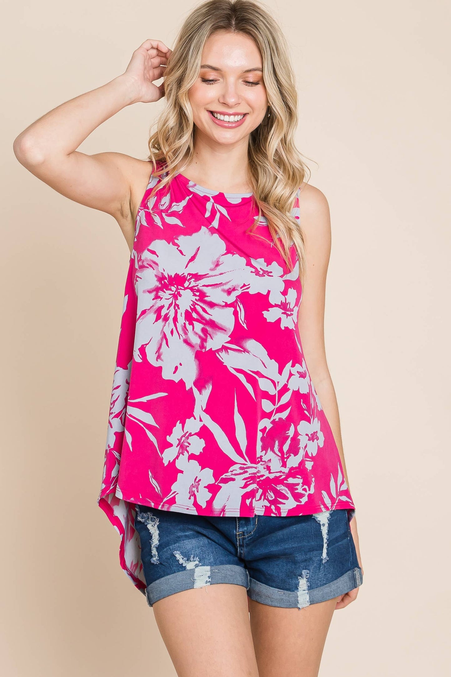 HOT PINK FLORAL SLEEVELESS