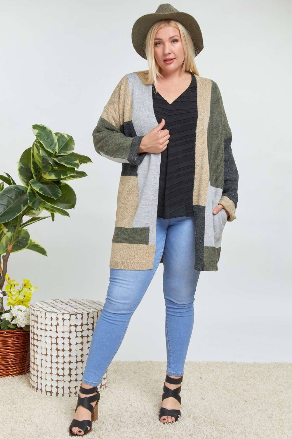 PLUS OLIVE COLORBLOCK ACCENT LONGLINE SWEATER CARDIGAN