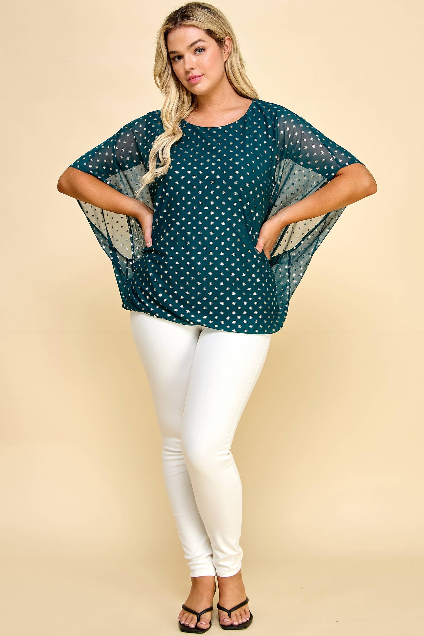PLUS SIZE VAMPIRE LINED MESH DOT FOIL BLOUSE: HUNTER GOLD