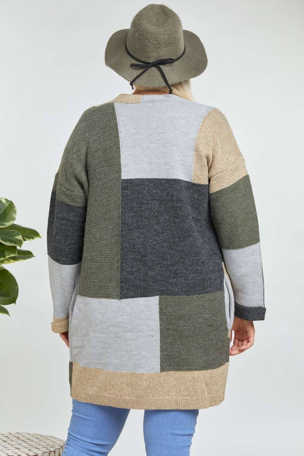 PLUS OLIVE COLORBLOCK ACCENT LONGLINE SWEATER CARDIGAN