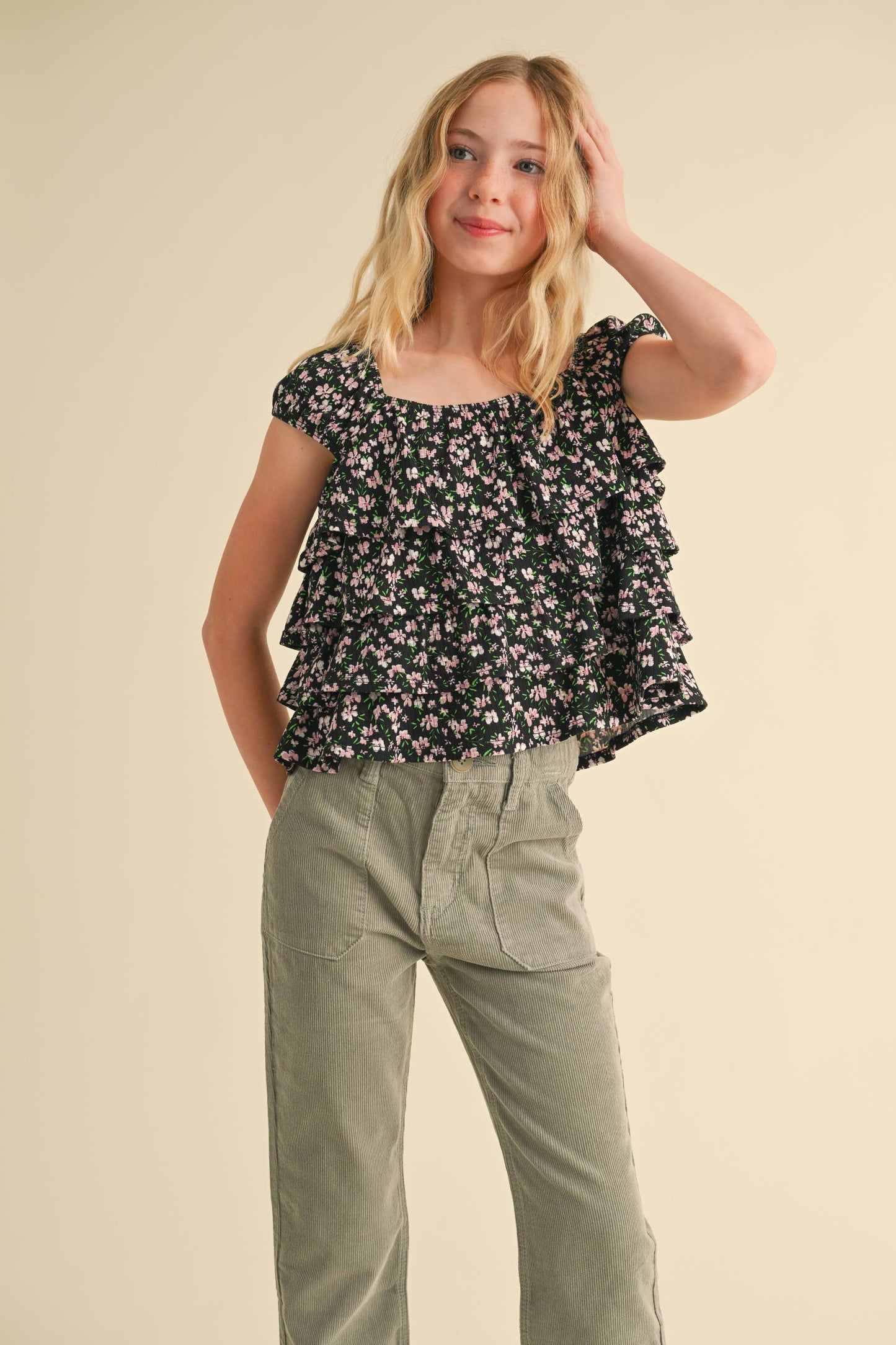TWEEN BLACK FLORAL RUFFLE   SHIRT