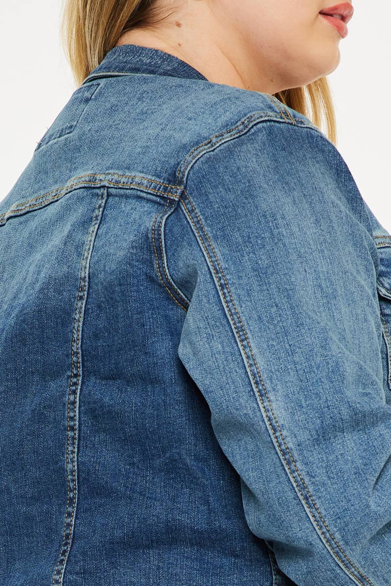 PLUS DARK RINSE DISTRESSED DENIM FRAY HEM JACKET