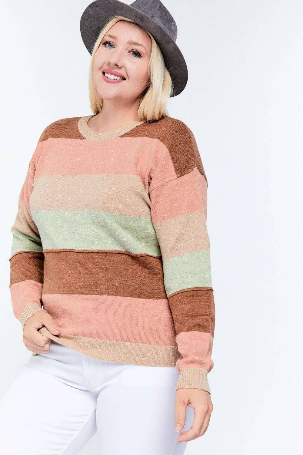 PLUS COLOR BLOCK LONG SLEEVE ROUND NECK SWEATER