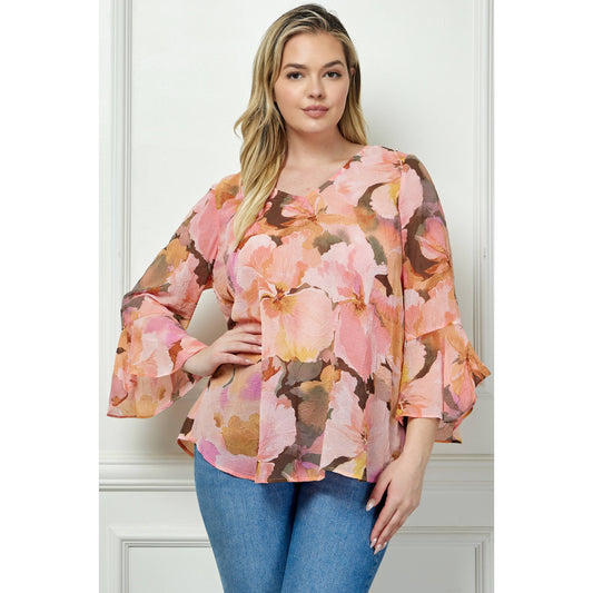 PLUS AND REGULAR SIZE RUFFLE SLEEVE V-NECK SWING TOP: YELLOW/PINK/BROWN