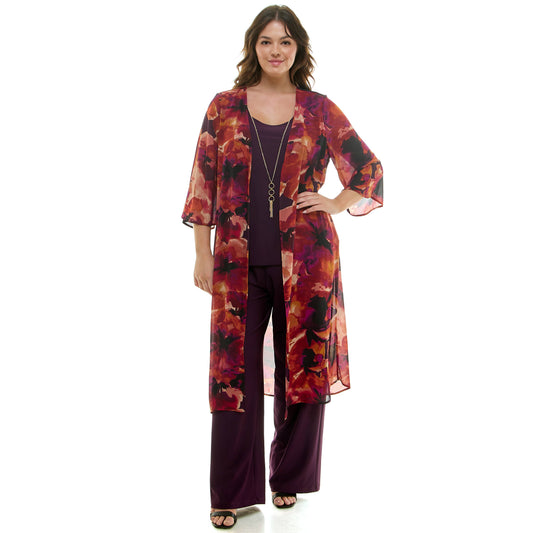 PLUS AND REGULAR SIZE 3PC CARDIGAN TANK, PANT NECKLACE SET: Eggplant/Plum/Rust
