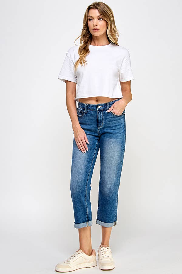 PLUS MID RISE TUMMY CONTROL SLIM BOYFRIEND CAPRI/CROP