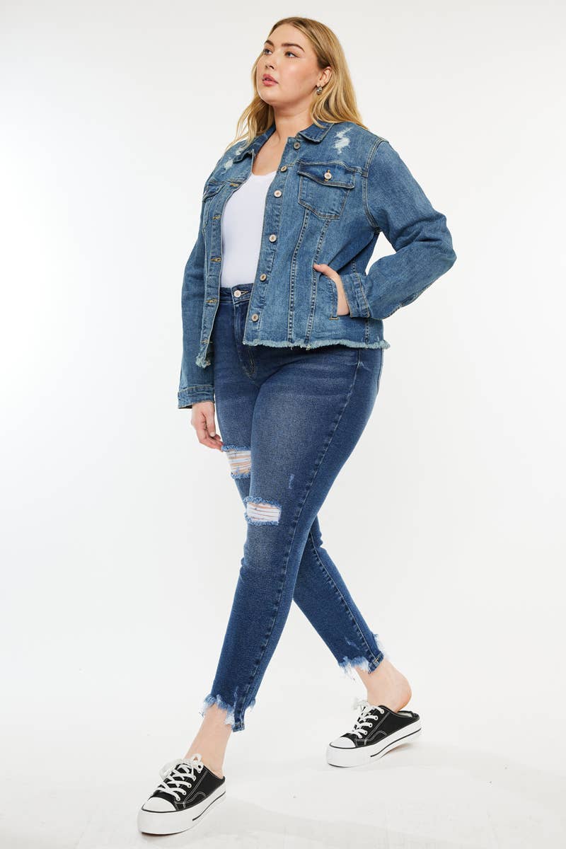 PLUS DARK RINSE DISTRESSED DENIM FRAY HEM JACKET