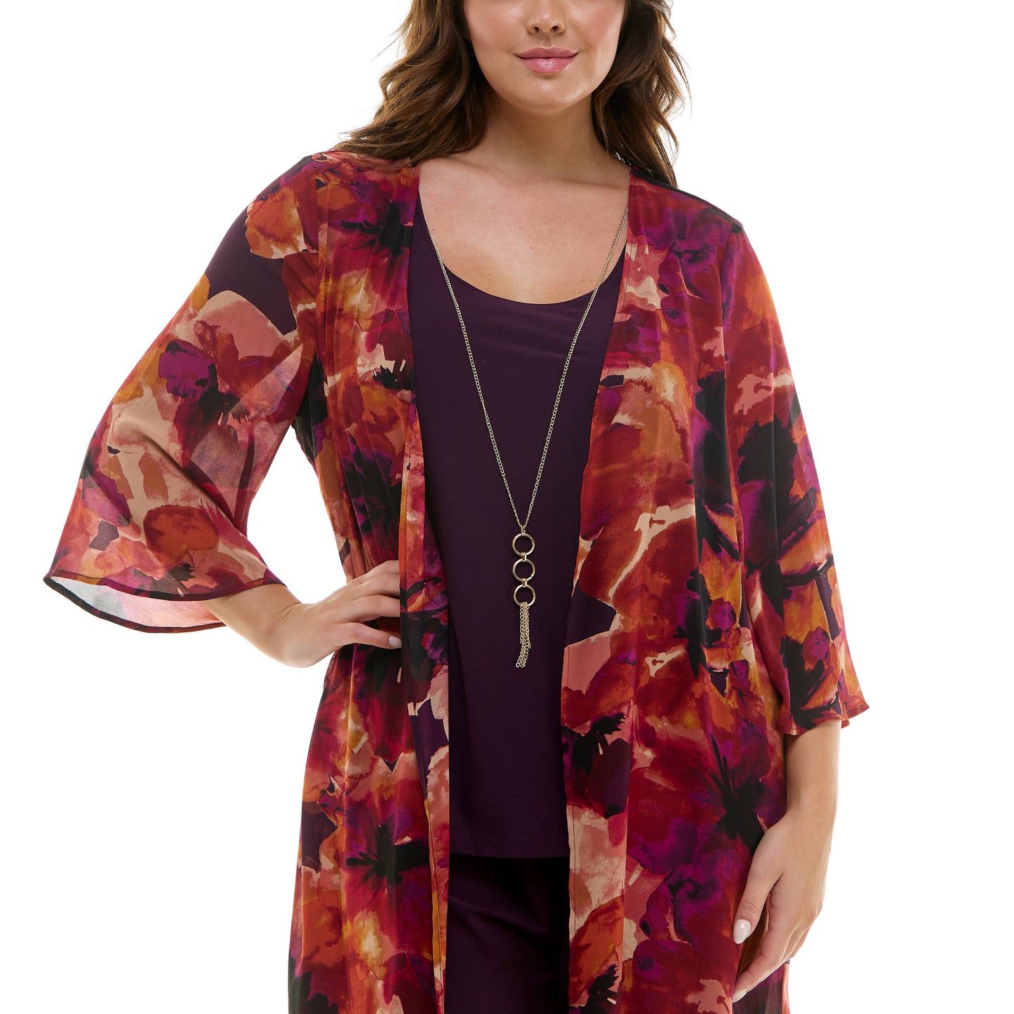 PLUS AND REGULAR SIZE 3PC CARDIGAN TANK, PANT NECKLACE SET: Eggplant/Plum/Rust