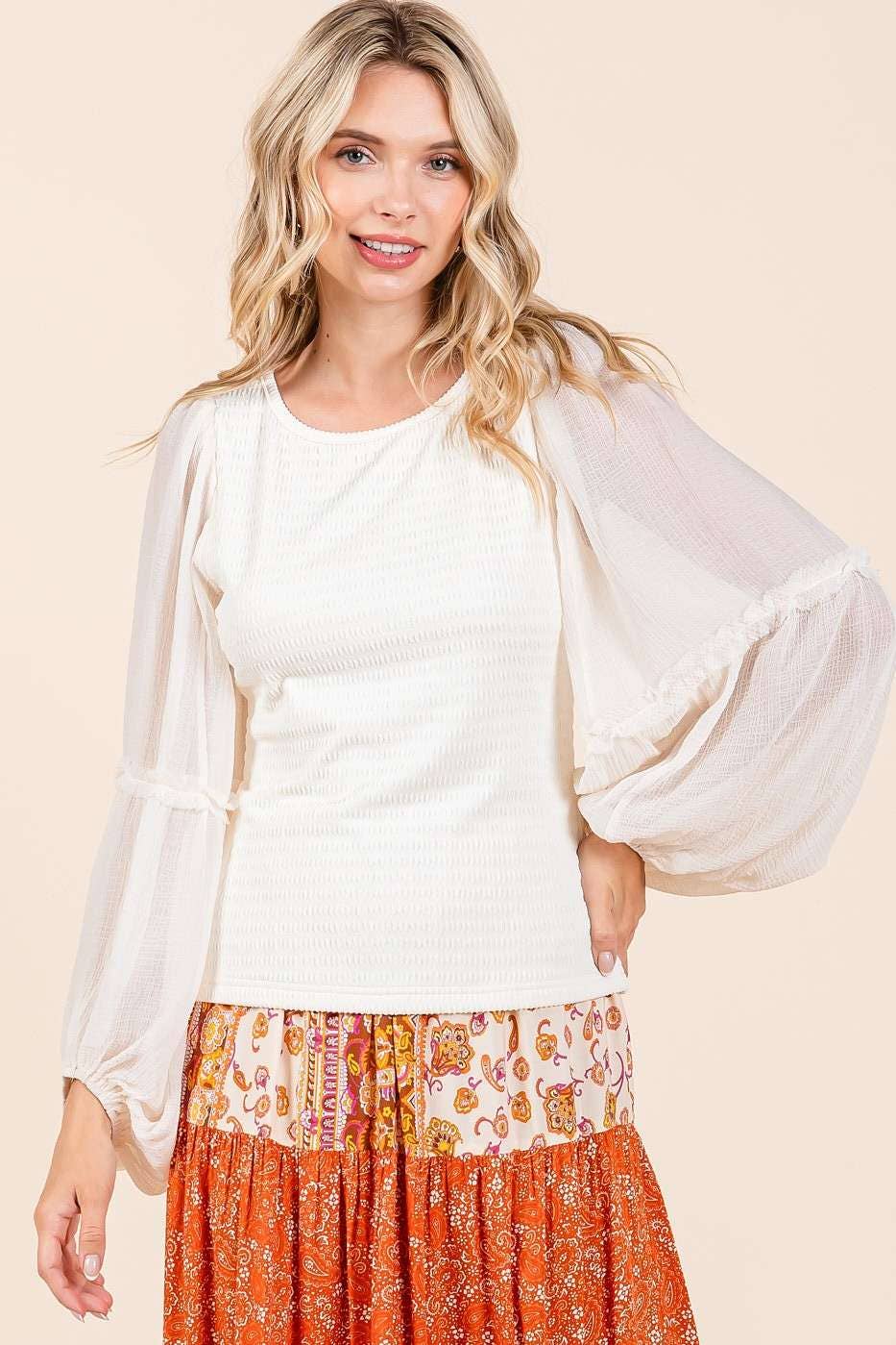 IVORY CHIFFON LONG SLEEVE BLOUSE