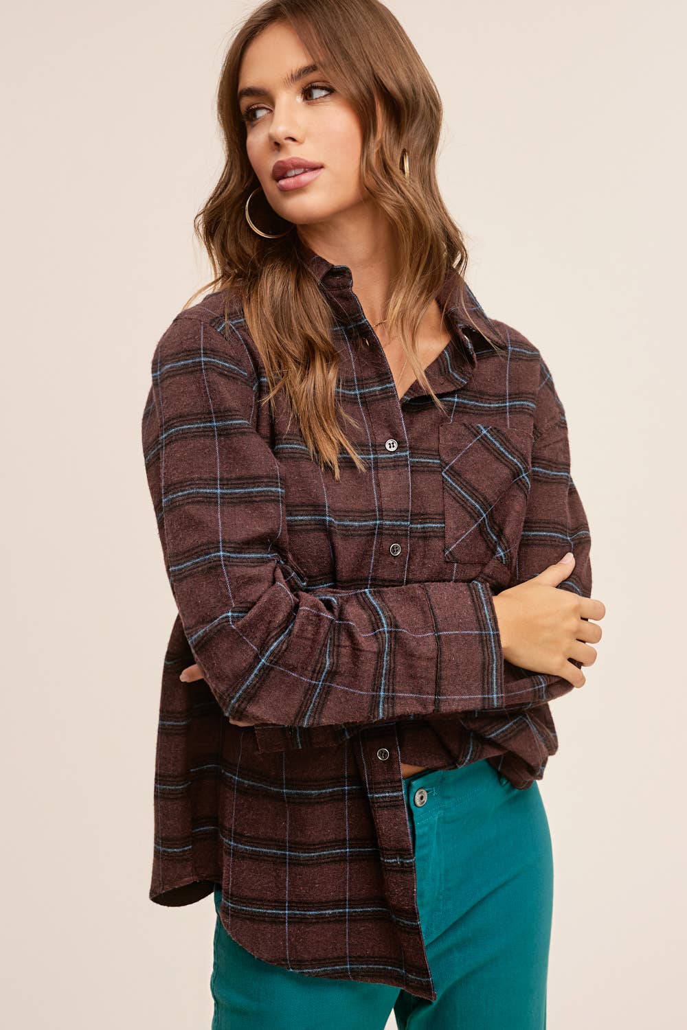 LOOSE FIT CHOCOLATE PLAID BUTTON UP